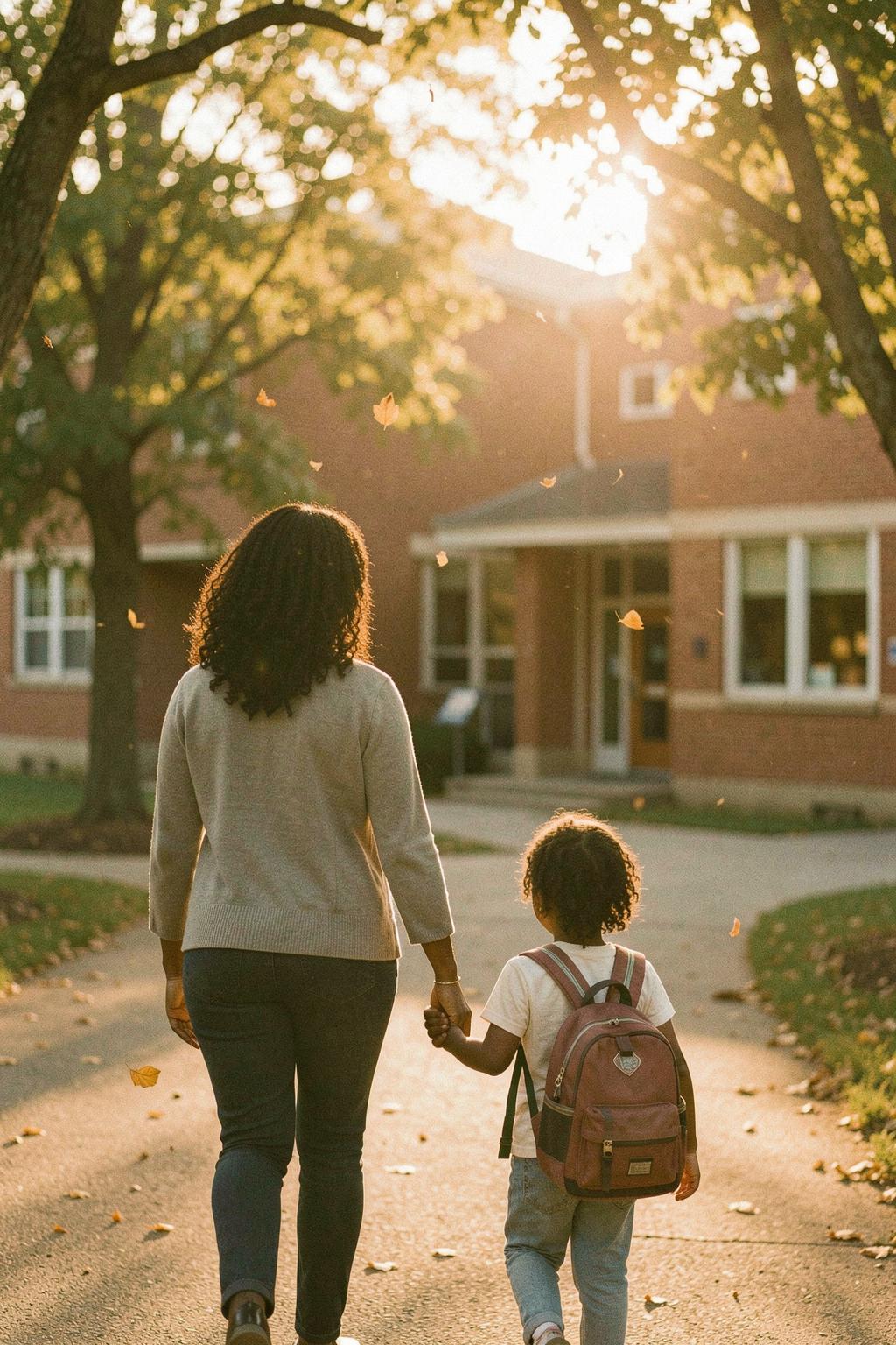 A mother and her young daughter walking hand in hand toward school at golden hour